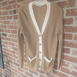 LOFT Camel and Ivory V Neck Button-Up Cardigan